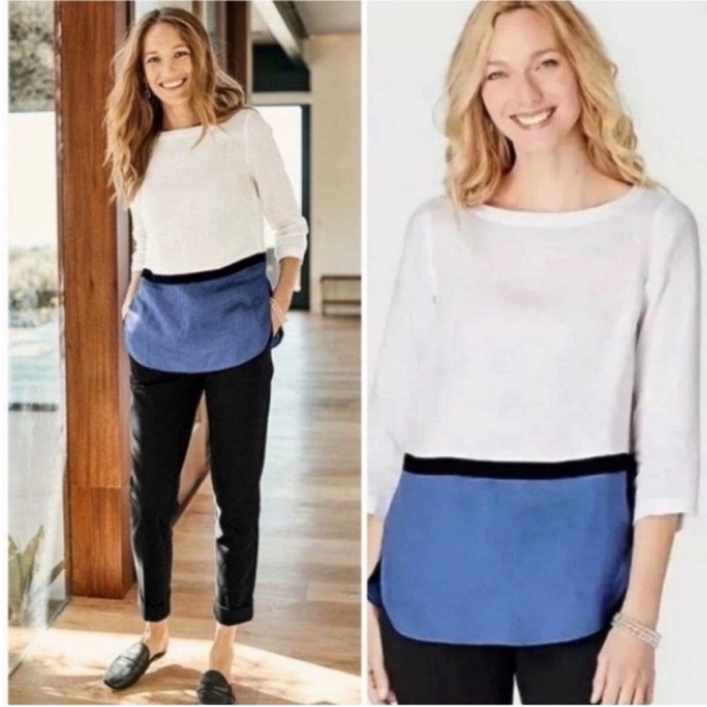 J. Jill Love Linen Minimalist Lagenlook Boatneck White Blue Tunic Top